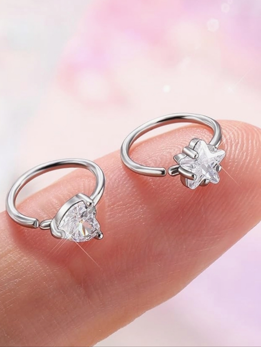 Silver Heart & Star CZ Hoop Nose Rings - Silver